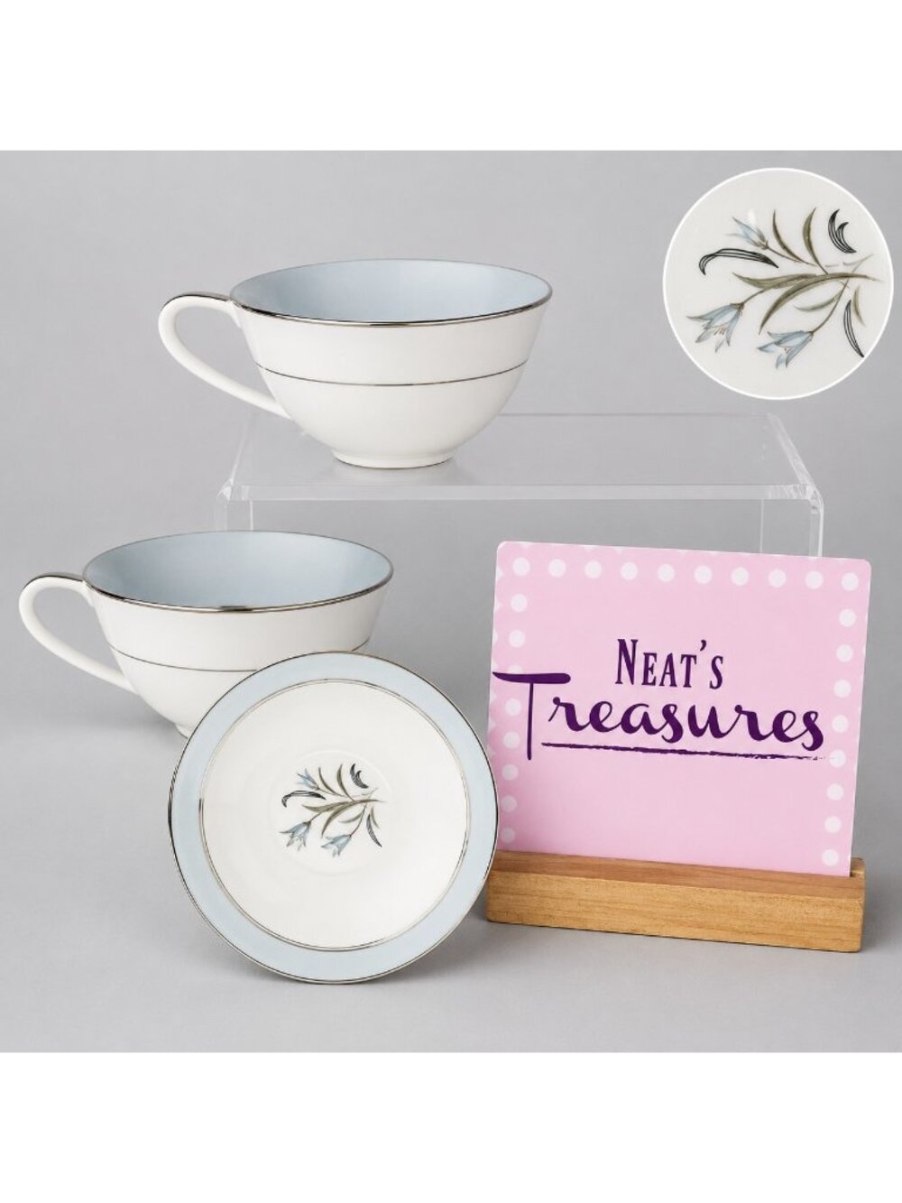 MCM Noritake BLUEBELL Blue Band & Flowers Gray Leave Japan 8 oz Flat Cups Set 2